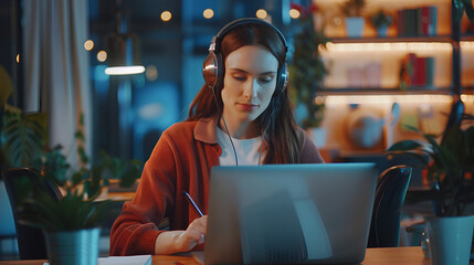 Young Project Manager with Headphones Working on Laptop Computer in Creative Office Environment. Beautiful Female Specialist is Writing Business Strategy, Using Digital Tablet to Take Notes 