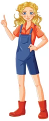 Poster Blonde woman pointing upwards, wearing blue overalls. © GraphicsRF