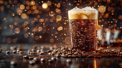 Nitro Cold Brew Coffee with ice is placed on a dark background, surrounded by roasted coffee beans...