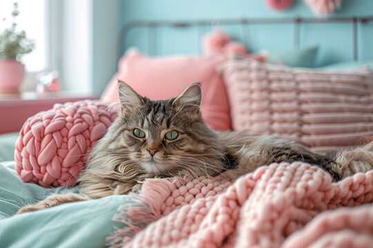 Clean, plush bedroom ambiance, majorly adorned with pastel cat decorations for a soothing effect, presented in a blend of Documentary, Editorial, and Magazine Photography styles