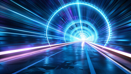A high-tech tunnel with glowing lines leading into the horizon, providing a perspective effect with space for text in the foreground