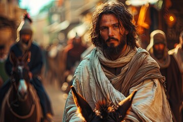 Obraz premium Jesus Christ riding a donkey into Jerusalem. 