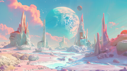 A mesmerizing extraterrestrial landscape unfolds at dawn, where towering crystalline formations and a serene river reflect the pastel hues of distant moons and a rising sun
