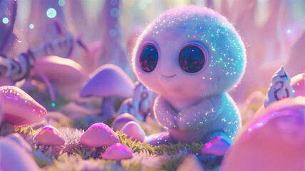 In a whimsical, glowing forest, a captivating creature with large, expressive eyes exudes enchantment amidst vibrant, bioluminescent mushrooms