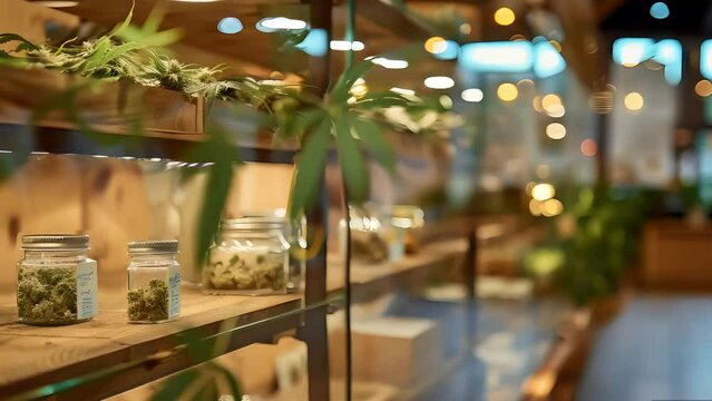 An animated 3D store displays glass jars filled with marijuana buds for both medical and recreational use
