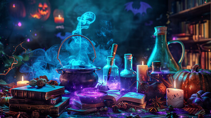 Halloween collage of magical potions, spell books, and cauldrons on a mystical background