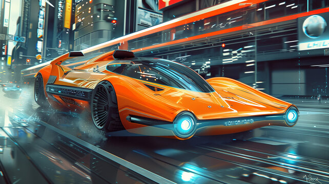Gliding through the neon-lit cityscape, this sleek streamliner redefines urban travel with its radiant orange hue and futuristic design, merging speed with high-tech luxury