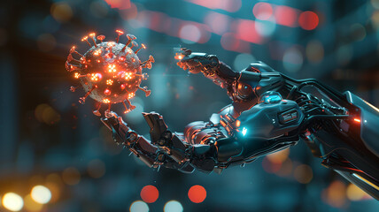 Robot hand holding a glowing virus particle, high-tech laboratory, copy space - obrazy, fototapety, plakaty