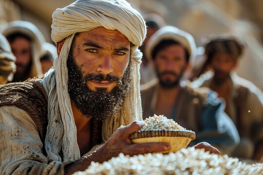 The Jewish men gathering manna in the desert, while on their journey to Israel.
