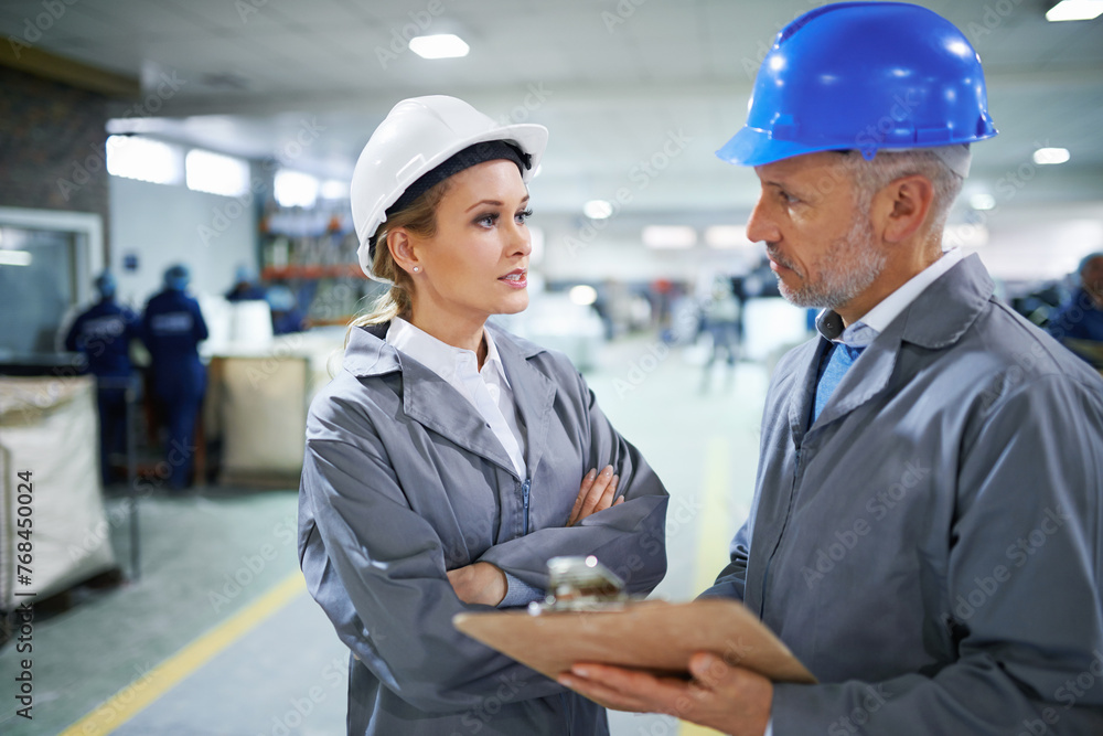 Poster man, woman and communication with clipboard in factory for quality inspection or safety checks and p