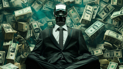 An evocative conceptual image depicting a robot in a suit surrounded by a whirlwind of dollar bills, symbolizing the intersection of technology and finance. - obrazy, fototapety, plakaty