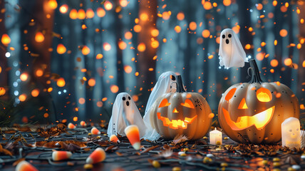 Whimsical Halloween photo collage featuring jack-o'-lanterns, ghosts, and candy corn