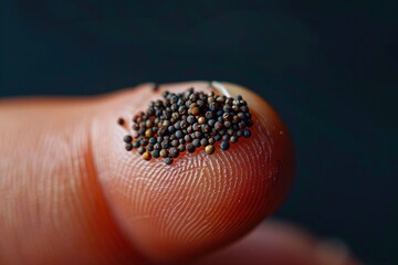 Small black mustard seeds on finger. Faith the size of a mustard seed.