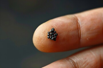 Small black mustard seeds on finger. Faith the size of a mustard seed.