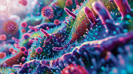 a close-up view of macro bacteria colonies thriving in a microscopic landscape, each bacterium depicted with intricate detail and vibrant colors, highlighting their diverse - obrazy, fototapety, plakaty