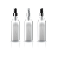 Blank clear square cosmetic bottle with black-white-silver press spray head for beauty, healthy or food product. Isolated on white background. Ready to use for package design. Vector illustration.