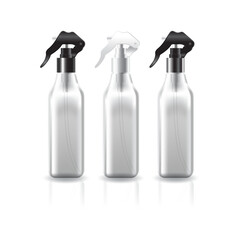 Blank clear square cosmetic bottle with black-white-silver press spray head for beauty, healthy or food product. Isolated on white background. Ready to use for package design. Vector illustration.