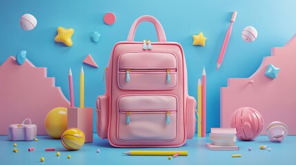 3D illustration of pastel school supplies floating around a cute backpack, great for back-to-school campaigns