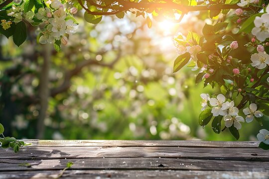 Beautiful spring background with blooming apple branches and empty wooden table.