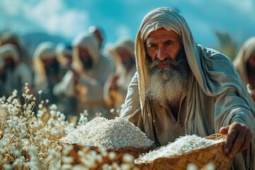 The Jewish men gathering manna in the desert, while on their journey to Israel.