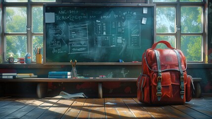 school backpack near the blackboard