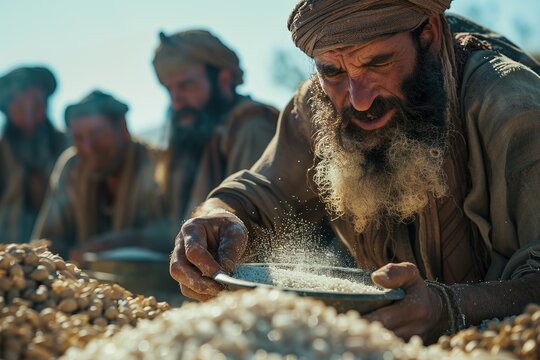 The Jewish men gathering manna in the desert, while on their journey to Israel.