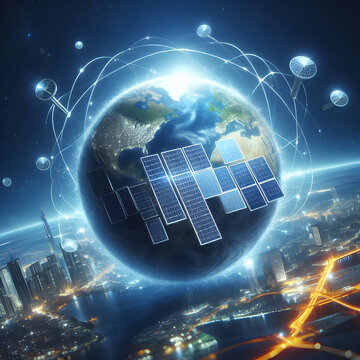 Photo real for Solar panels orbiting the globe in Zero Carbon with Globe Innovation abstract theme ,Full depth of field, clean bright tone, high quality ,include copy space, No noise, creative idea
