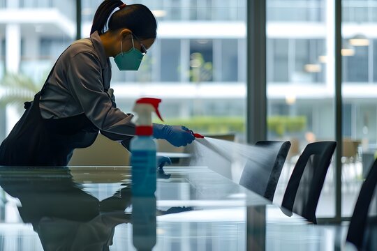 Cleaning staff disinfecting tables in corporate office with cloth and spray. Concept Cleaning Protocol, Corporate Office, Disinfecting Process, Hygiene Standards, Workplace Safety - Powered by Adobe