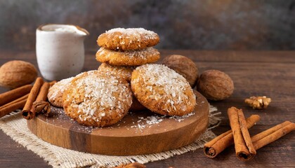 Round Homemade Cookies with Cinnamon and Coconut on a Wooden Board