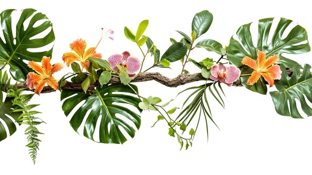 Tropical vibes plant bush floral arrangement with tropical leaves Monstera and fern and Vanda orchids tropical flower decor on tree branch liana vine plant isolated on white background. 