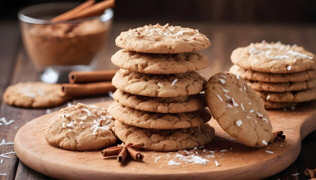 Round Homemade Cookies with Cinnamon and Coconut on a Wooden Board