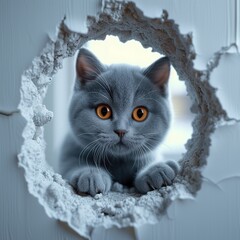 gray cat, British breed, looking out of a hole in the wall