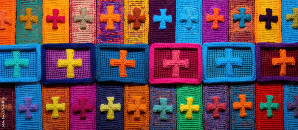 Poster the image captures a detailed view of a vibrant knitted wall tapestry showcasing an array of differe