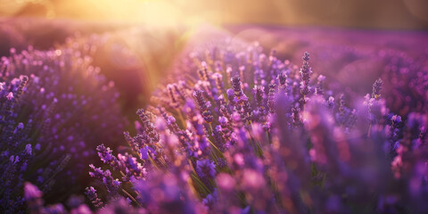 Majestic close-up of lavender flowers, illuminated by a golden sunlight that enhances the vibrancy...