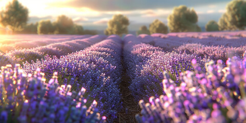 A serene lavender field scene as the sun sets, casting warm light and creating a peaceful atmosphere