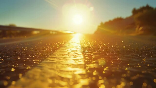 The sun beats down on the deserted highway creating a shimmering mirage of heat waves rising from the pavement. . AI generation.