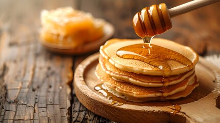 Delicious Pancakes with Golden Honey Drizzle on Rustic Table Setting. Perfect for Cookbook or Menu Imagery. Homestyle Breakfast Scene. AI - obrazy, fototapety, plakaty