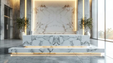 Minimalist White Marble Podium front view focus with a M