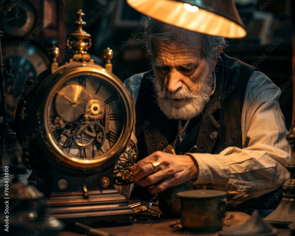 Aufkleber a man working on a clock in his workshop. generative ai.
