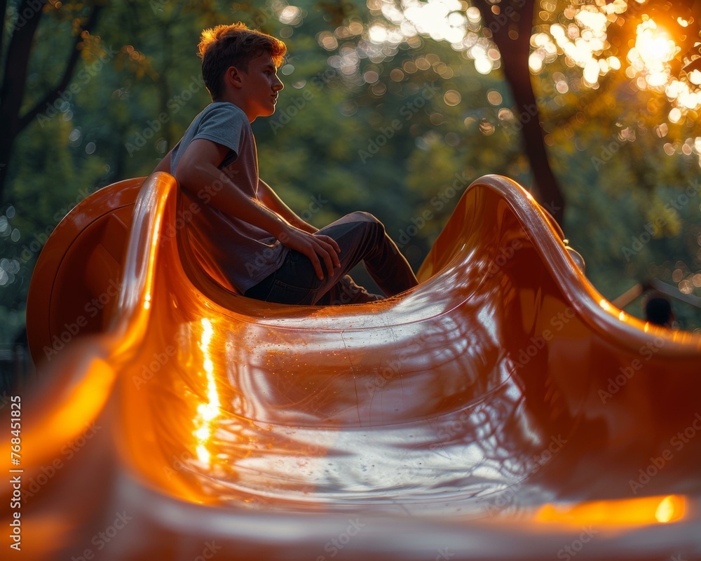 Poster a boy sitting on a slide at dusk with trees in the background. generative ai.