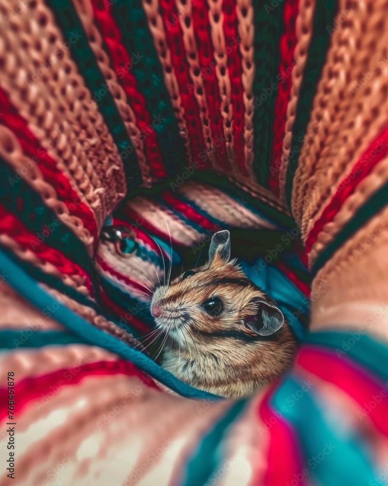 Poster a small mouse is sitting in a colorful blanket. generative ai.
