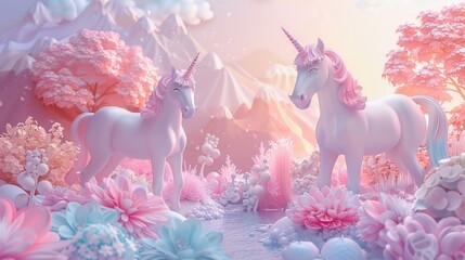 Enchanting 3D unicorns in a pastel fairy-tale land ideal