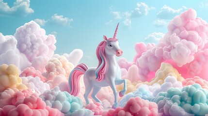 Enchanting 3D unicorns in a pastel fairy-tale land ideal 1 - obrazy, fototapety, plakaty