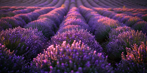 Captivating rows of blooming lavender extend into the horizon under a sunset glow