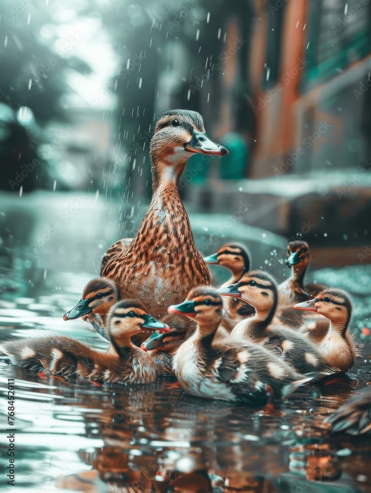 Poster a group of ducks standing in a puddle with their babies. generative ai.