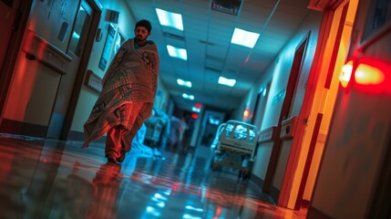 A man wrapped in a blanket walking down the hallway of an hospital. Generative AI. - obrazy, fototapety, plakaty