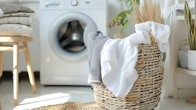  Inside a lovely home, a laundry room features a washer, dryer, and laundry basket amidst clean and dirty clothes. Animated in 3D.