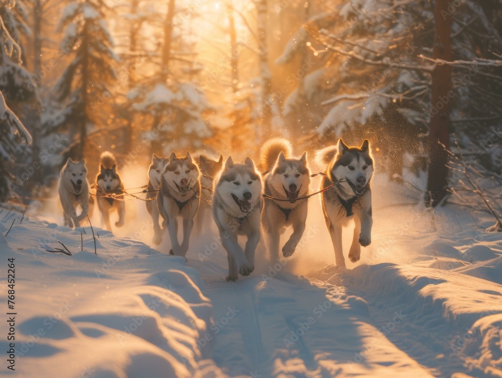 Poster a group of huskies running through the snow in a forest. generative ai.