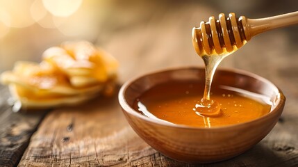 Golden Honey Dripping from Dipper into Bowl on Rustic Wooden Table. Organic Sweetener in Natural Setting. Perfect for Food Blogs and Healthy Eating Promotions. AI - obrazy, fototapety, plakaty