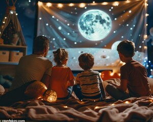 A group of children sitting on a bed watching the moon. Generative AI.